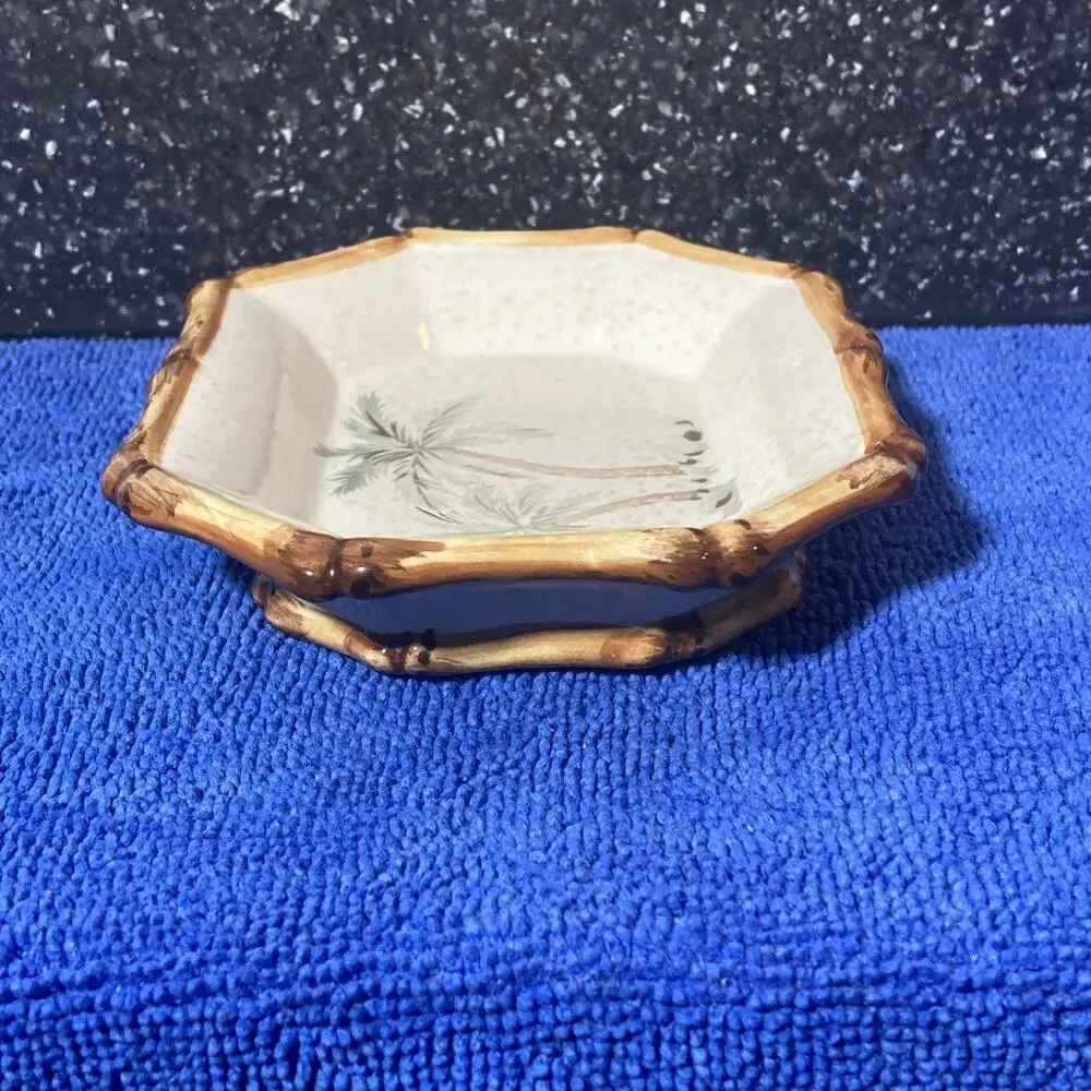 Vintage Springmaid Ceramic Soap Dish With Bamboo Trim & Palm Tree Design